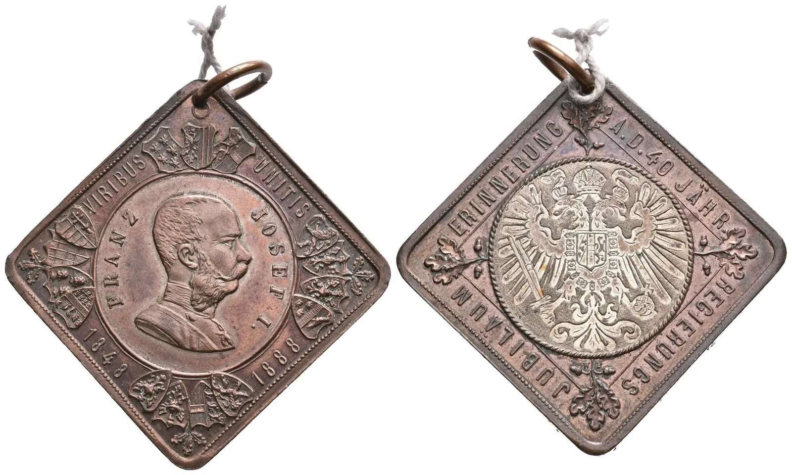 AE Klipa 1888 - K 40. výročí panování. Cu 32 mm, dobové ouško, lesk, patina — 1