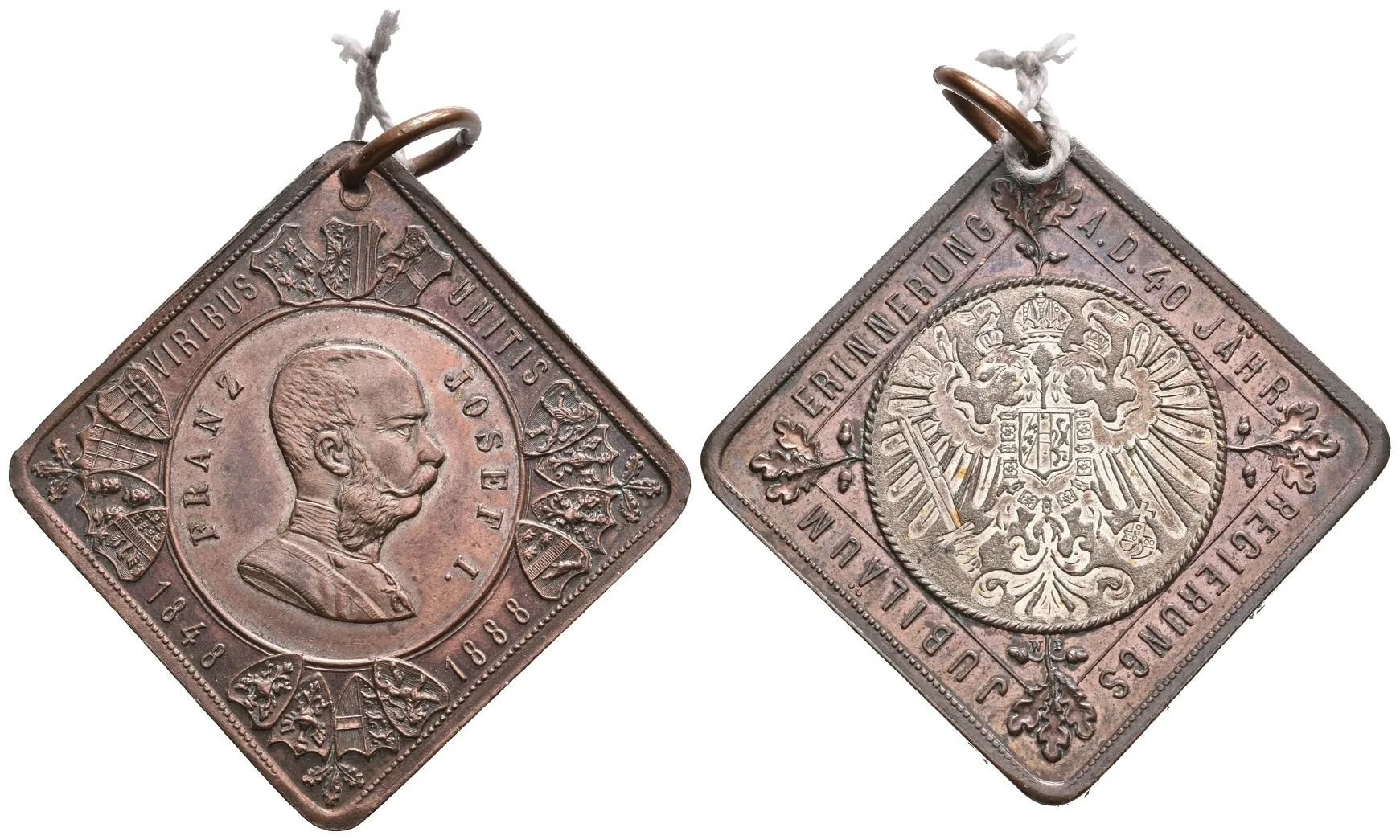 AE Klipa 1888 - K 40. výročí panování. Cu 32 mm, dobové ouško, lesk, patina — 1