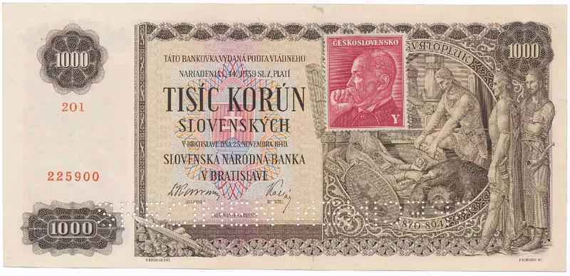 Československo, 1000 Koruna 1940/1945, kolkovaná, perf. 2x SPECIMEN dole, Hej.65a1.S2