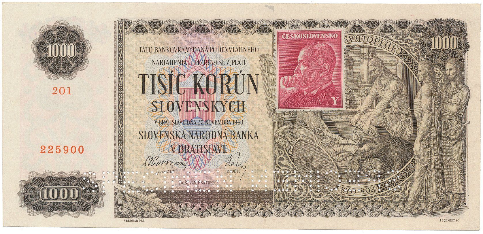 Československo, 1000 Koruna 1940/1945, kolkovaná, perf. 2x SPECIMEN dole, Hej.65a1.S2