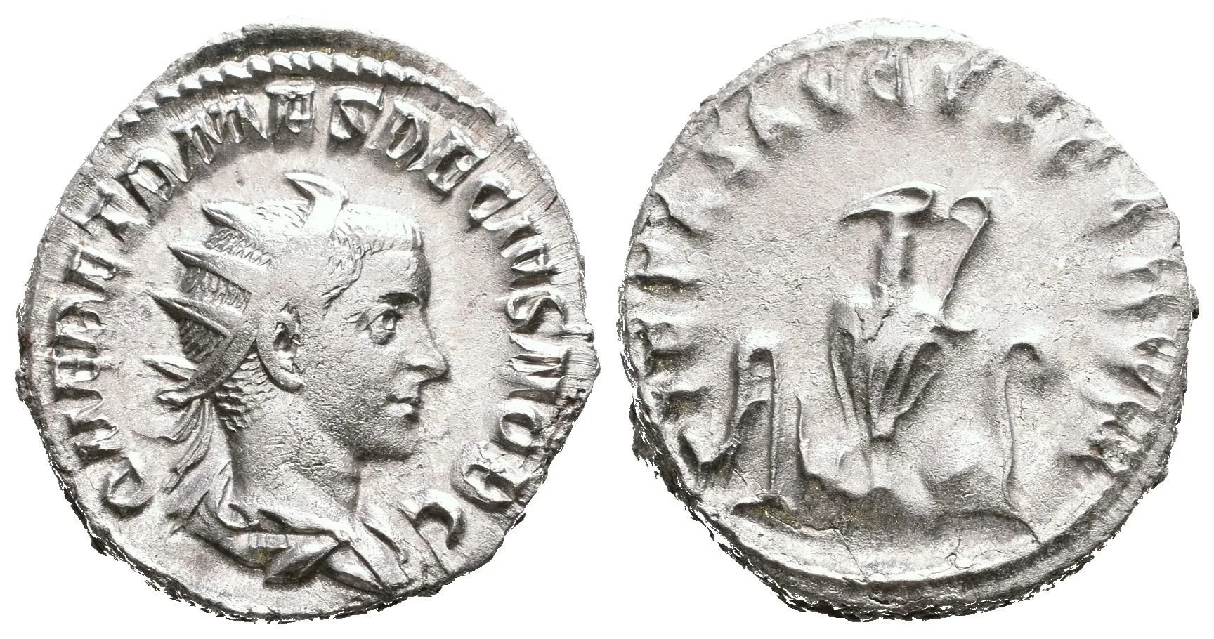 Antoninian, Rv: PIETAS AVGVSTORVM, aspergillum, simpulum, konvice, štít — 1