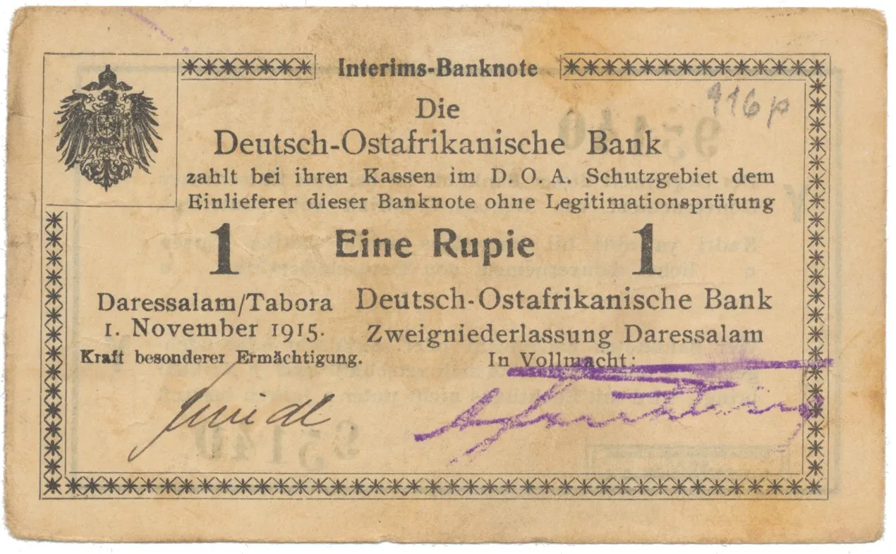 Německá Východní Afrika, 1 Rupie 1. 11. 1915, série Y, vzácnější podpis, R.916p
