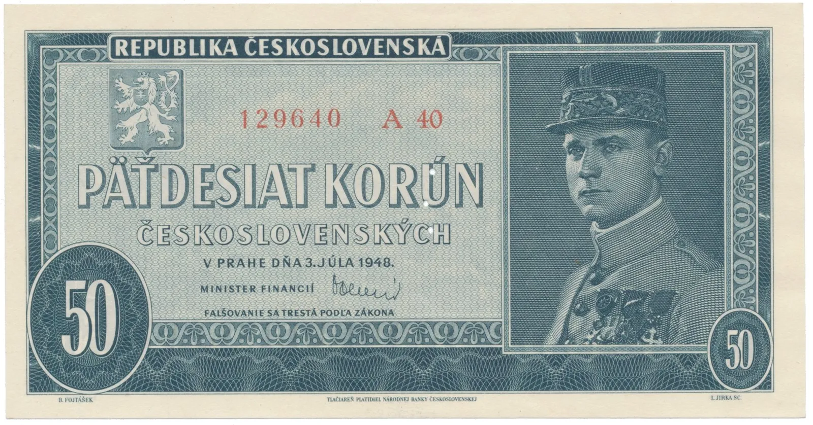 50 Koruna 1948, perforace 3 m.d. v obloučku, Hej.82bS2