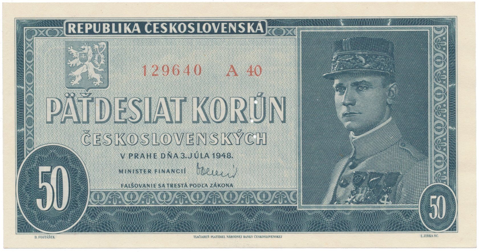 50 Koruna 1948, perforace 3 m.d. v obloučku, Hej.82bS2