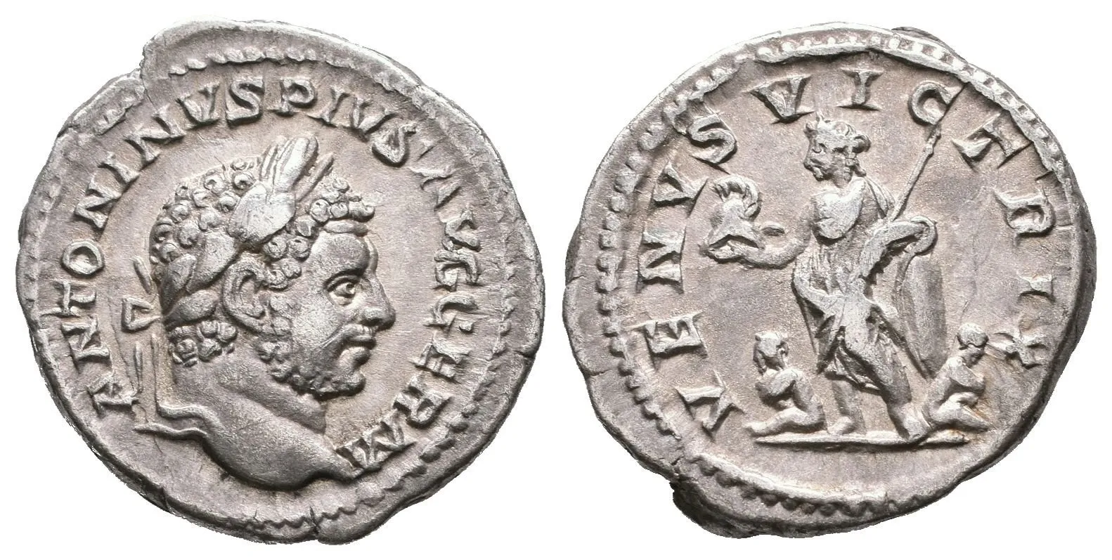 Denár, 213 - 217, Rv: VENVS VICTRIX, stojící Venus zleva drží Victorii a — 1