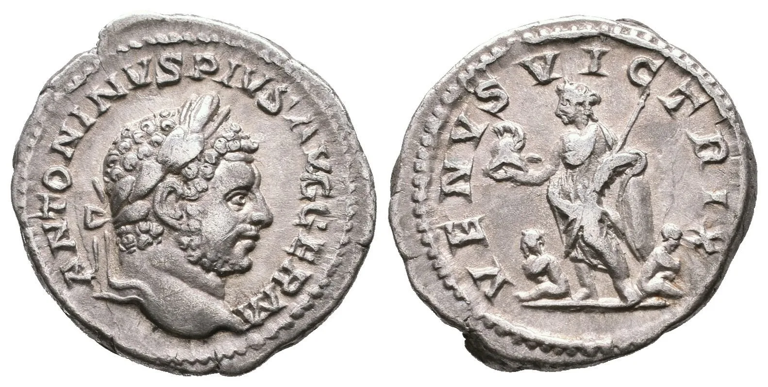 Denár, 213 - 217, Rv: VENVS VICTRIX, stojící Venus zleva drží Victorii a — 1
