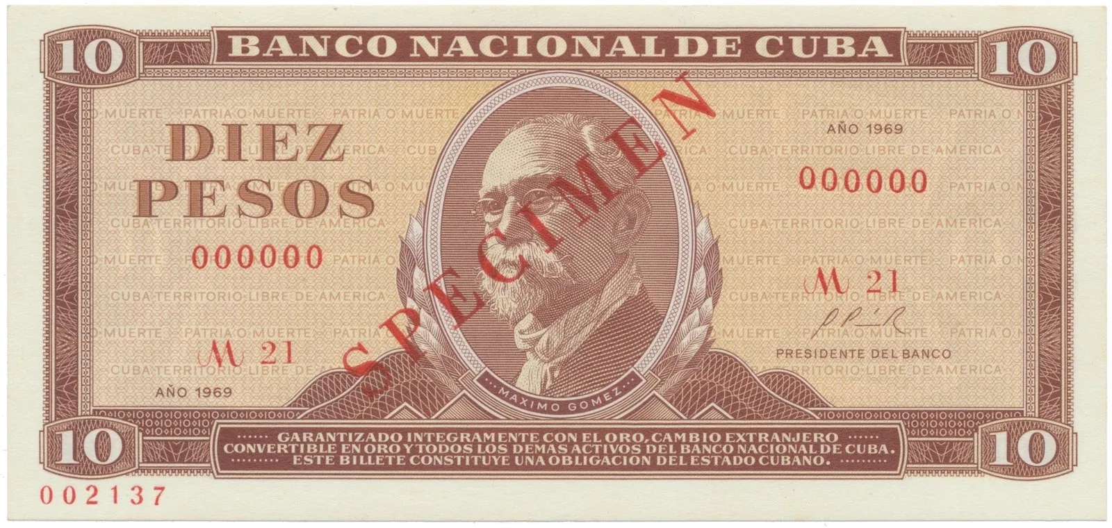 Kuba, 10 Pesos 1969, tisk STC Praha, anulát - SPECIMEN, bankovní vzor, P.104as