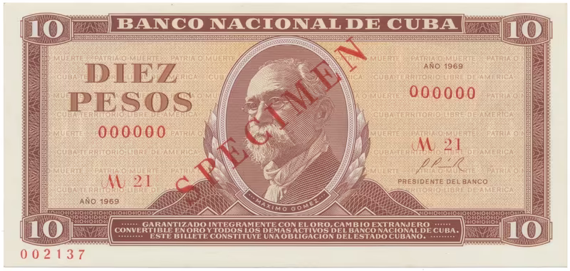 Kuba, 10 Pesos 1969, tisk STC Praha, anulát - SPECIMEN, bankovní vzor, P.104as