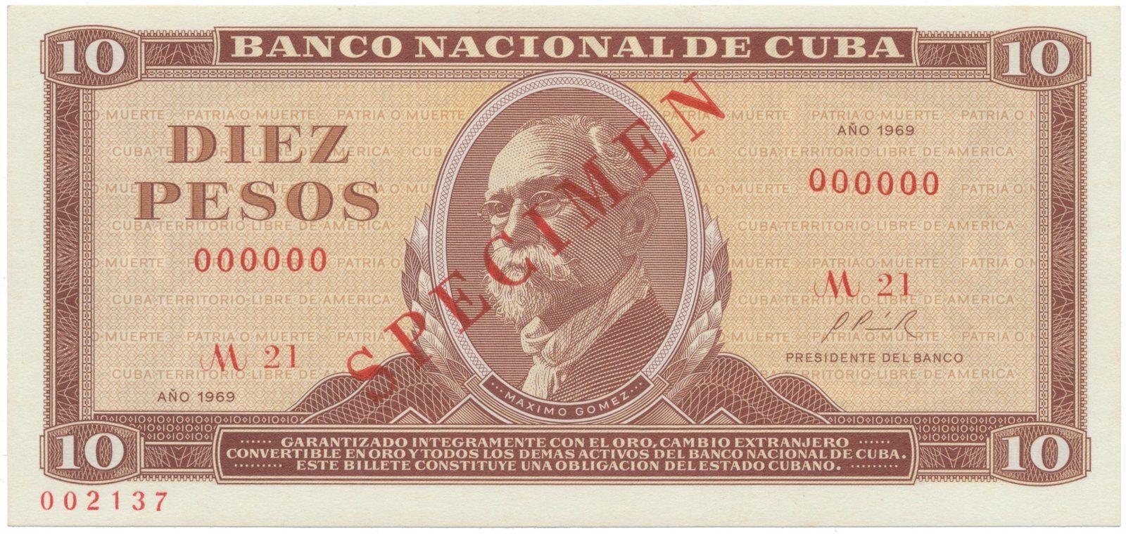 Kuba, 10 Pesos 1969, tisk STC Praha, anulát - SPECIMEN, bankovní vzor, P.104as