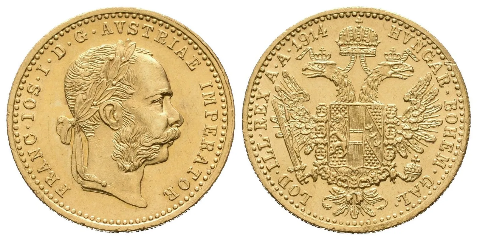 Dukát 1914, krásná zachovalost, lesk, patina, — 1