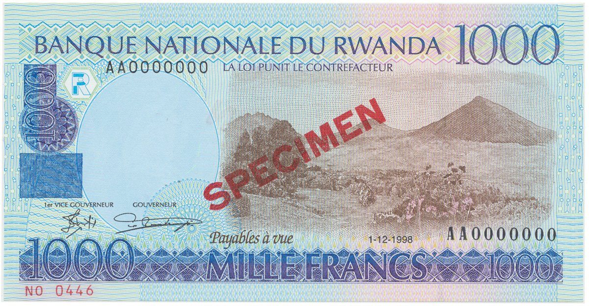 Rwanda, 1000 Francs 1998, bankovní vzor, AA0000000, P.27s