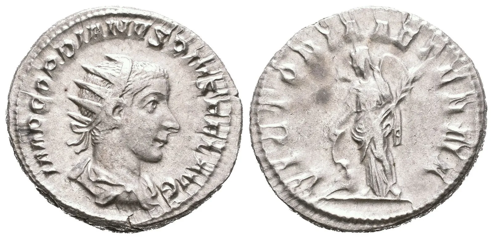 Antoninian, 243 - 244, Rv: VICTORIA AETERNA, stojící Victoria zleva se opírá o štít — 1