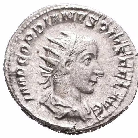 Antoninian, 243 - 244, Rv: VICTORIA AETERNA, stojící Victoria zleva se opírá o štít
