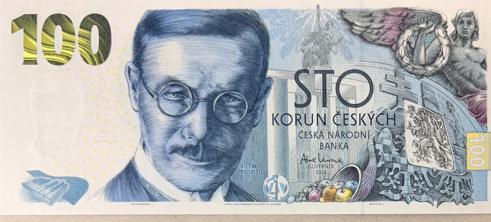100 Koruna 2026 - Pamětní bankovka ke 100. výročí budování čs. měny - Vilém Pospíšil, serie PN10