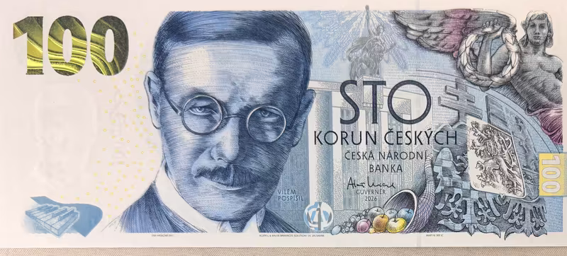 100 Koruna 2026 - Pamětní bankovka ke 100. výročí budování čs. měny - Vilém Pospíšil, serie PN10