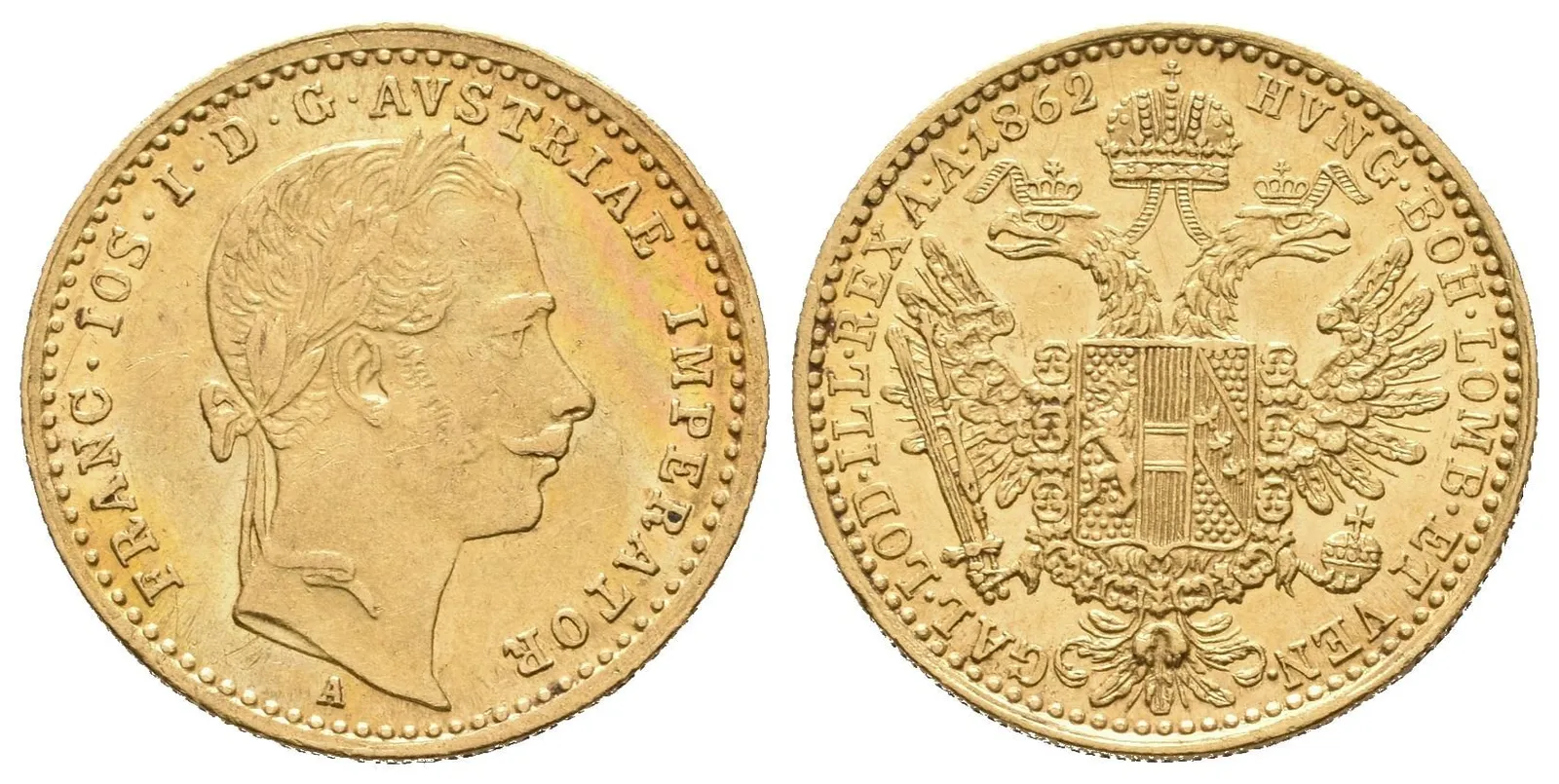 Dukát 1862 A, velmi pěkná zachovalost, zbytky lesku, — 1
