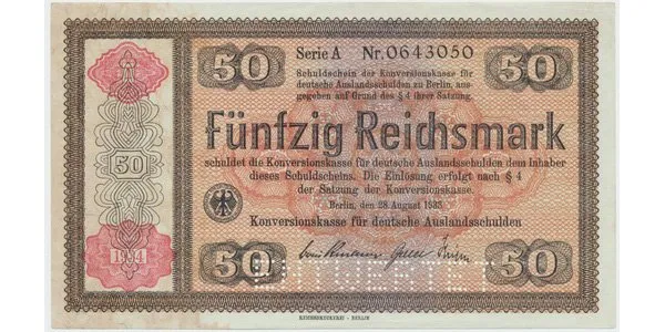 Německo - Konversionskasse, 50 RM 1934, perforace "ENTWERTET", Ro.712E1