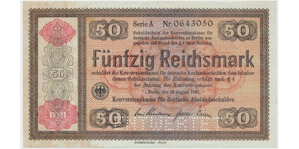 Německo - Konversionskasse, 50 RM 1934, perforace "ENTWERTET", Ro.712E1