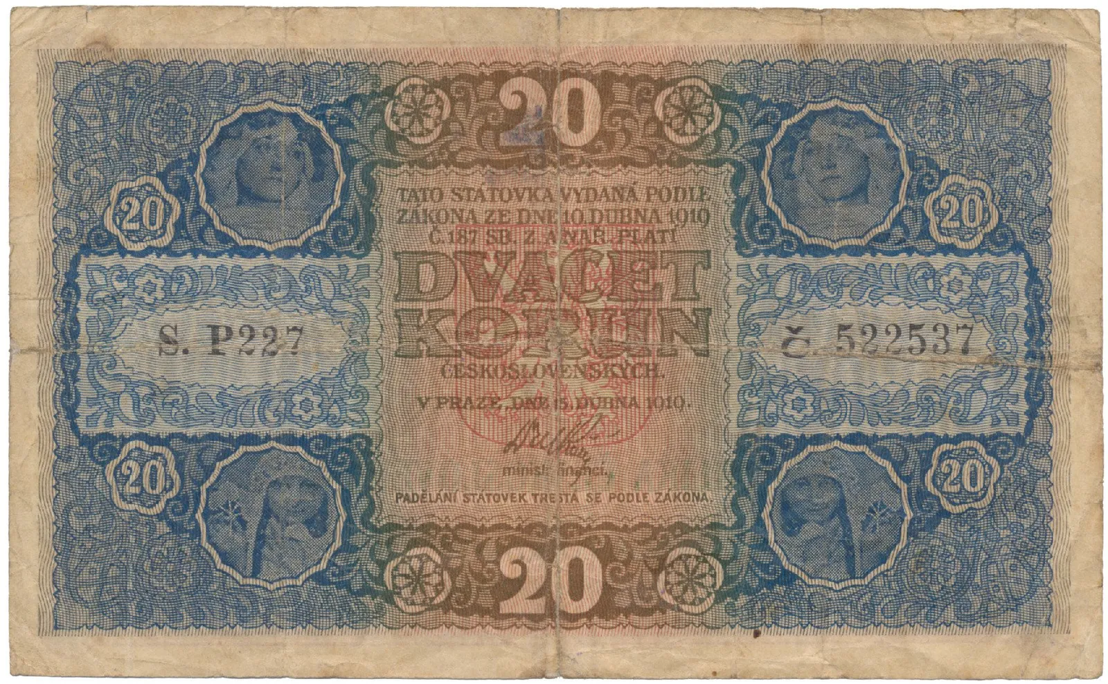 Československo, 20 Koruna 1919, serie P, Hej.10a