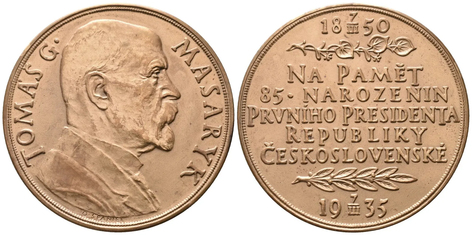 AE Medaile 1935 - K 85. narozeninám T. G. Masaryka. Poprsí T. G. Masaryka zprava, — 1
