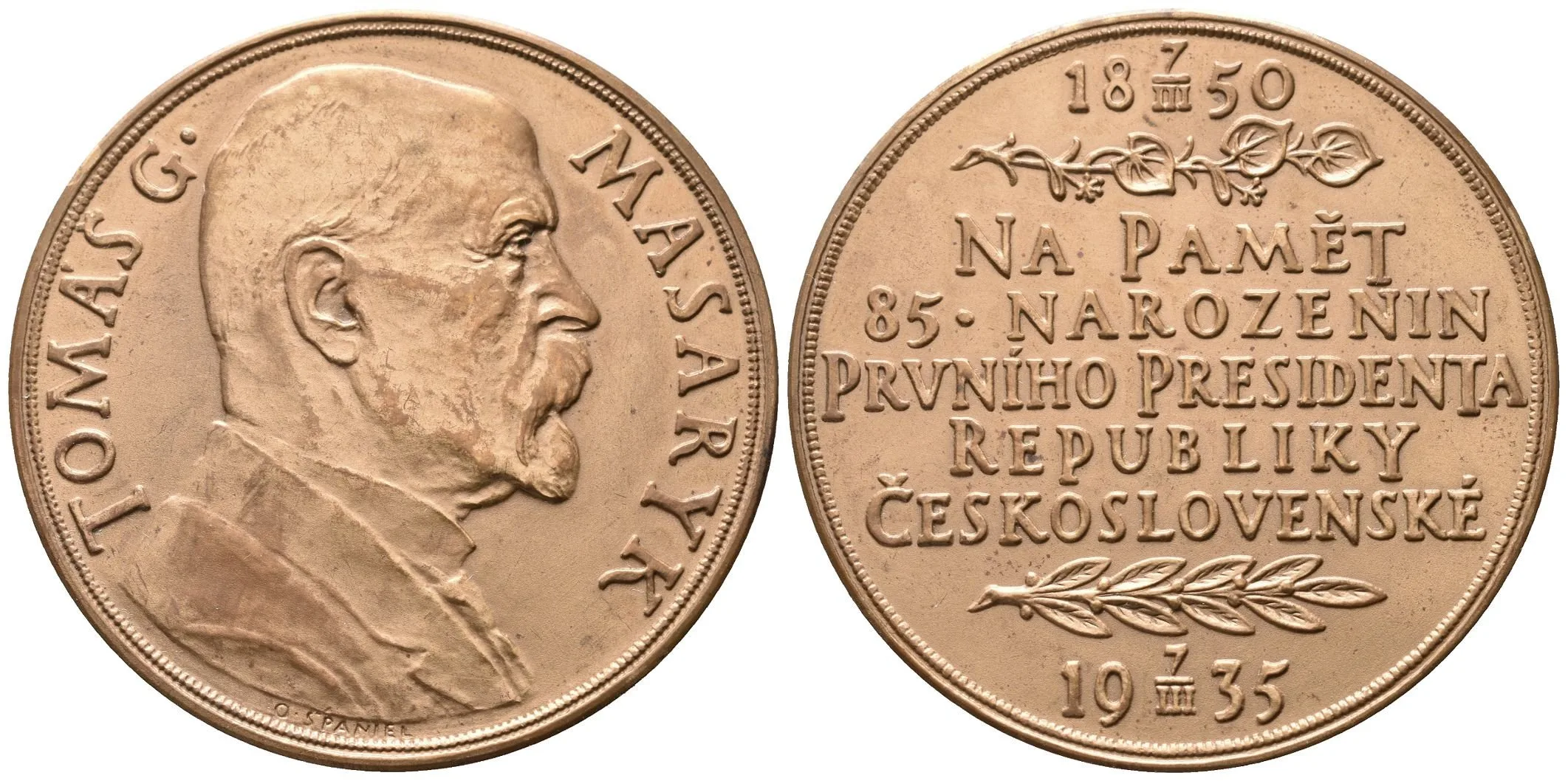 AE Medaile 1935 - K 85. narozeninám T. G. Masaryka. Poprsí T. G. Masaryka zprava, — 1