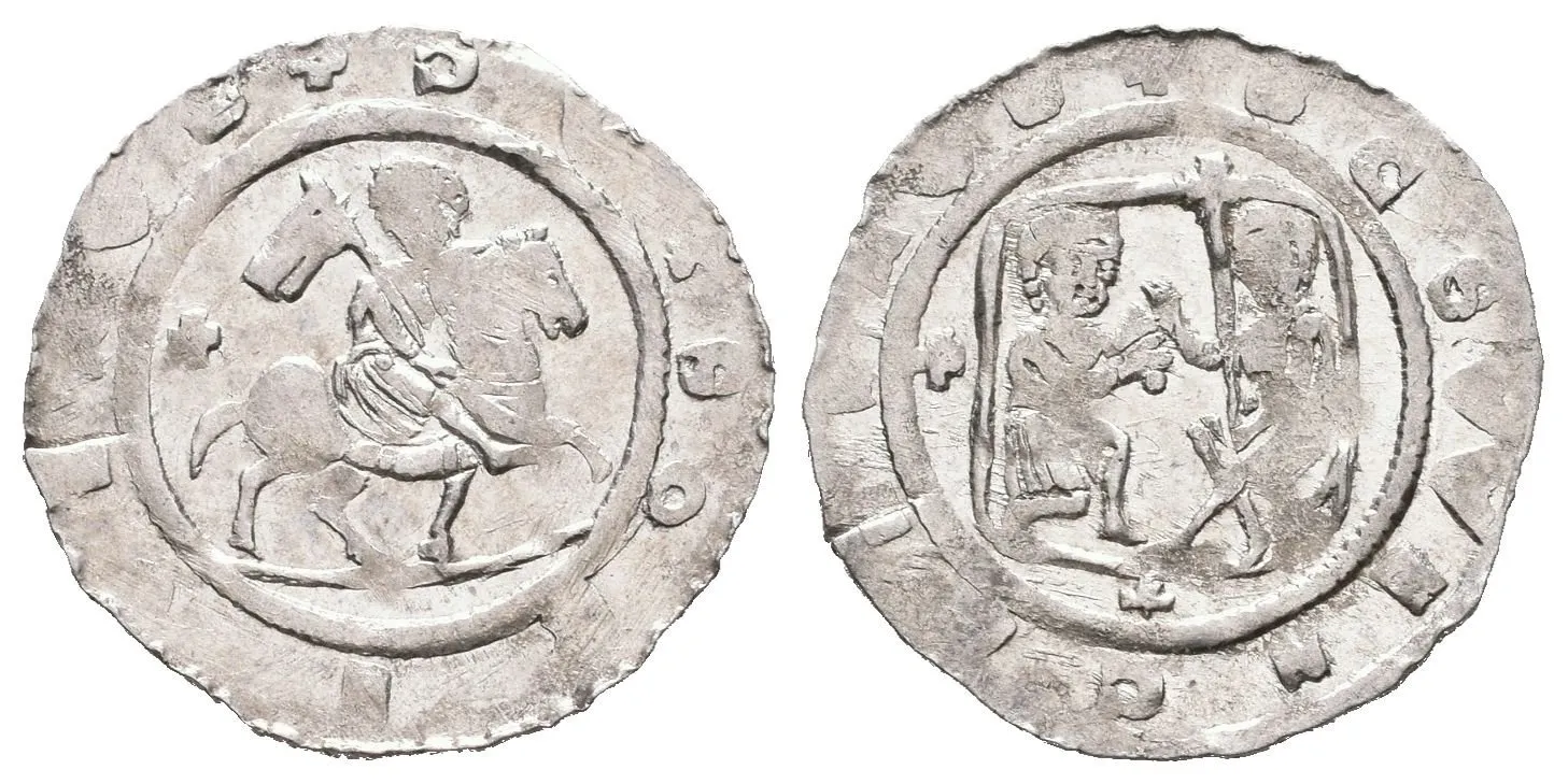 Denár, Cach 583a, v poli za jezdcem křížek, nedor. opisy, dobově nastřižený — 1