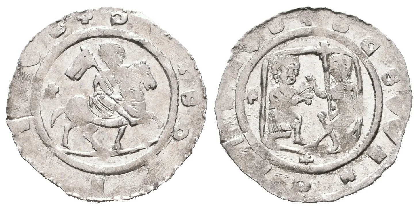 Denár, Cach 583a, v poli za jezdcem křížek, nedor. opisy, dobově nastřižený — 1