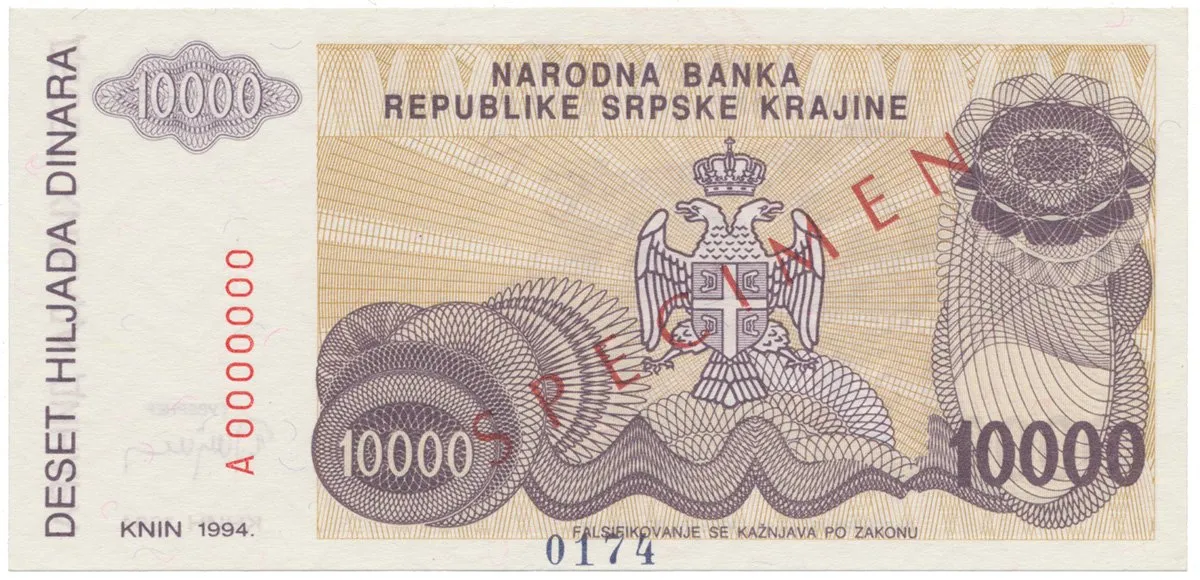 Chorvatsko, 10.000 Dinara 1994, anulát - SPECIMEN, P.R31s