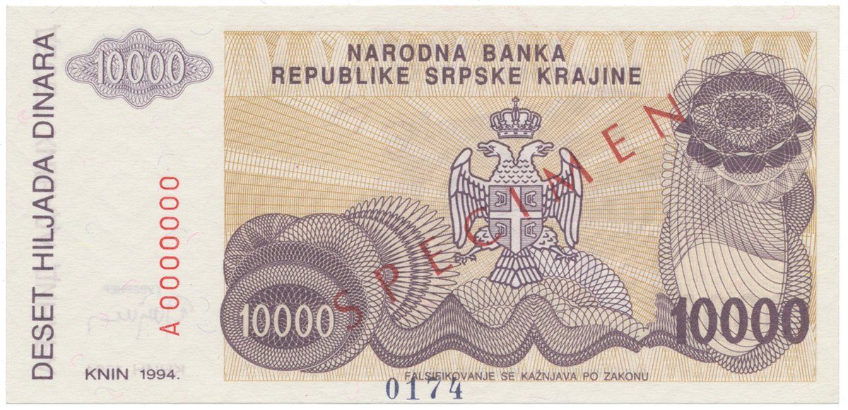 Chorvatsko, 10.000 Dinara 1994, anulát - SPECIMEN, P.R31s