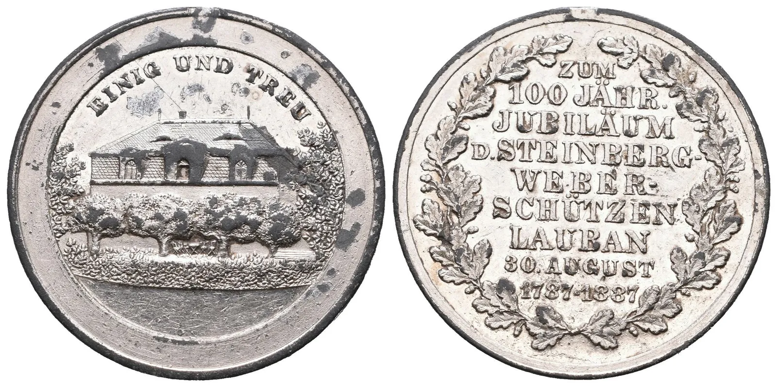 AE Medaile 1887 - K 100. výročí spolku střelců v Lubáni (Lauban). — 1