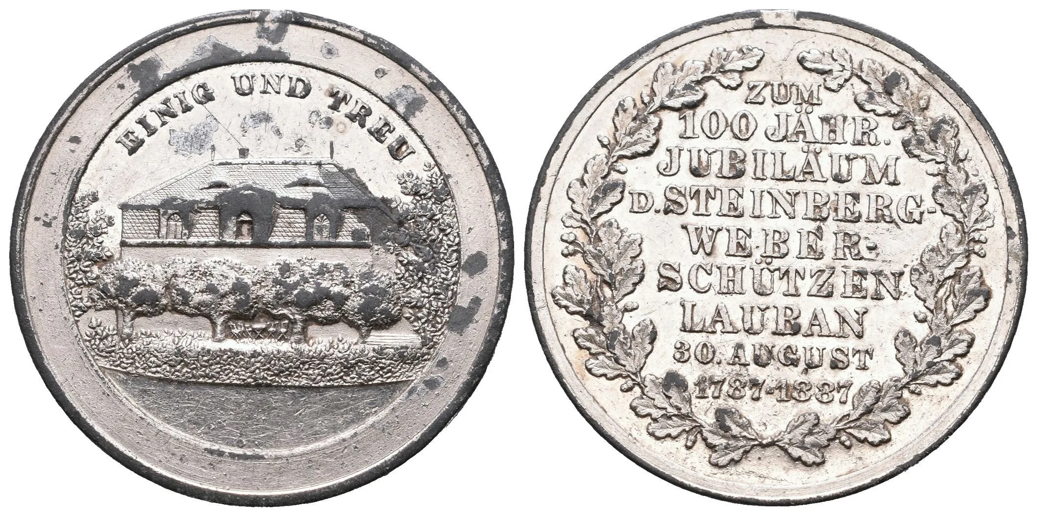 AE Medaile 1887 - K 100. výročí spolku střelců v Lubáni (Lauban). — 1