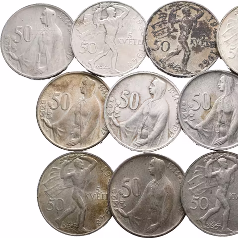 50 Kč 1947 - SNP (5x), 50 Kč 1948 - 5. Květen, pěkné zachovalosti, patina_
