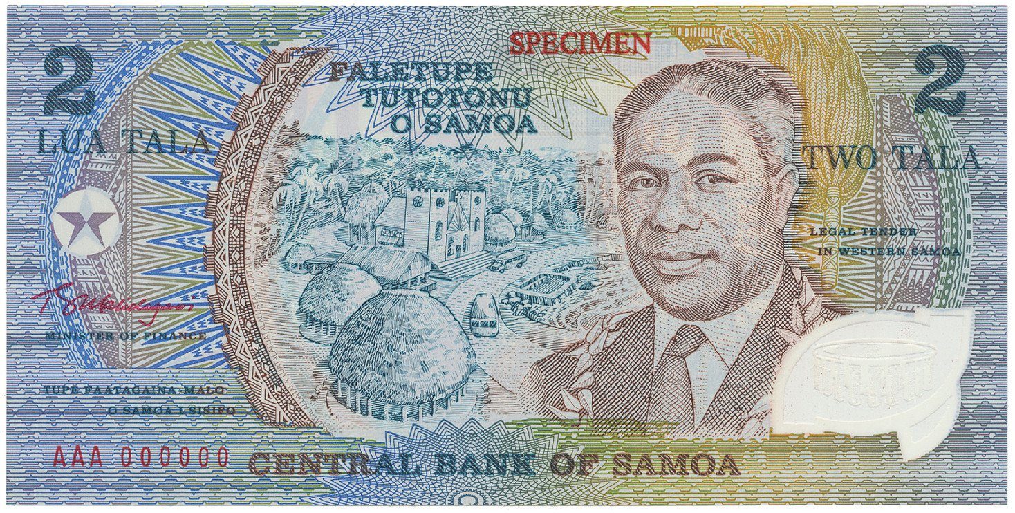 Samoa, 2 Tala (1990), bankovní vzor, AAA 000000, přetisk SPECIMEN, plastová, P.31as