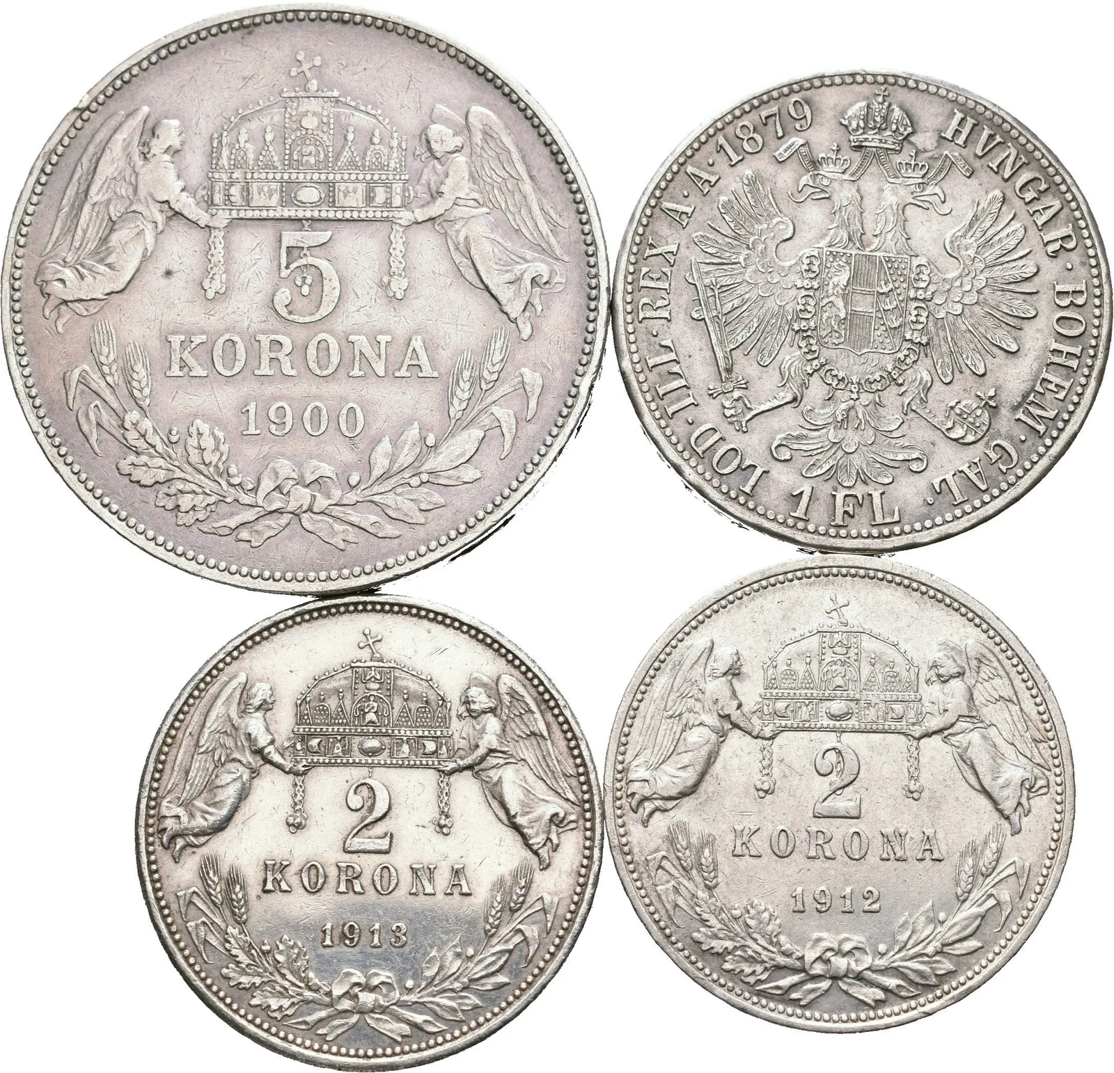 Soubor mincí - 5 Koruna 1900 KB, Zlatník 1879 bz, 2 Koruna — 1