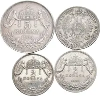 Soubor mincí - 5 Koruna 1900 KB, Zlatník 1879 bz, 2 Koruna — 1