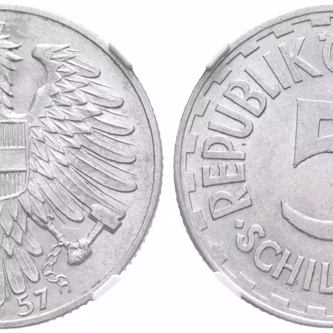 5 Schilling 1957, J.457, certifikace NGC, hodnocení AU 58, krásná zachovalost_RR!