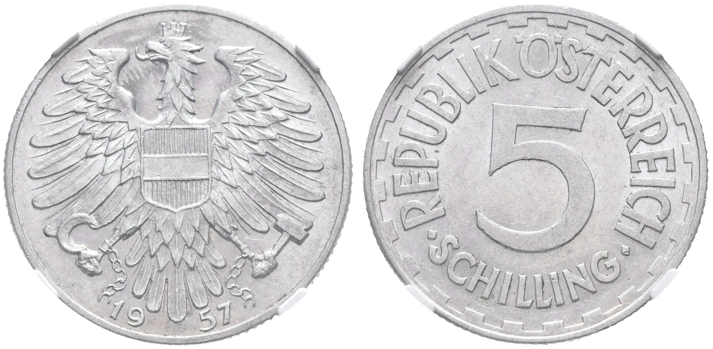 5 Schilling 1957, J.457, certifikace NGC, hodnocení AU 58, krásná zachovalost_RR! — 1