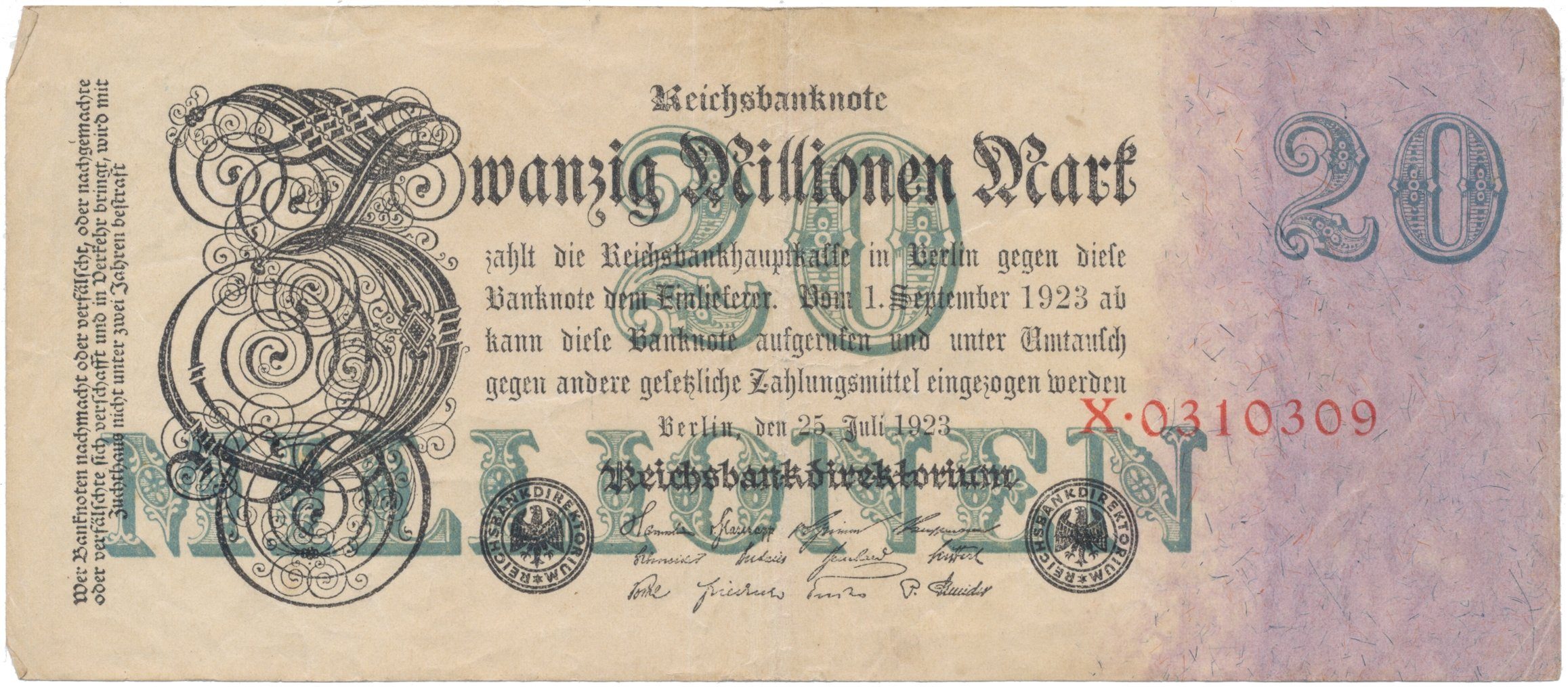 Německo, 20 Millionen Mark 1923, Ro.96a