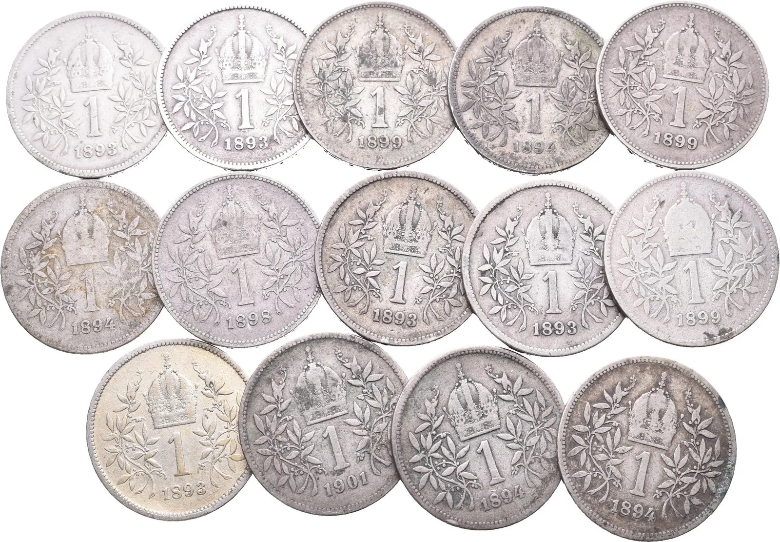 Soubor 1 Korunových mincí běžných ročníků 1893 - 1899, — 1