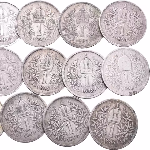 Soubor 1 Korunových mincí běžných ročníků 1893 - 1899,