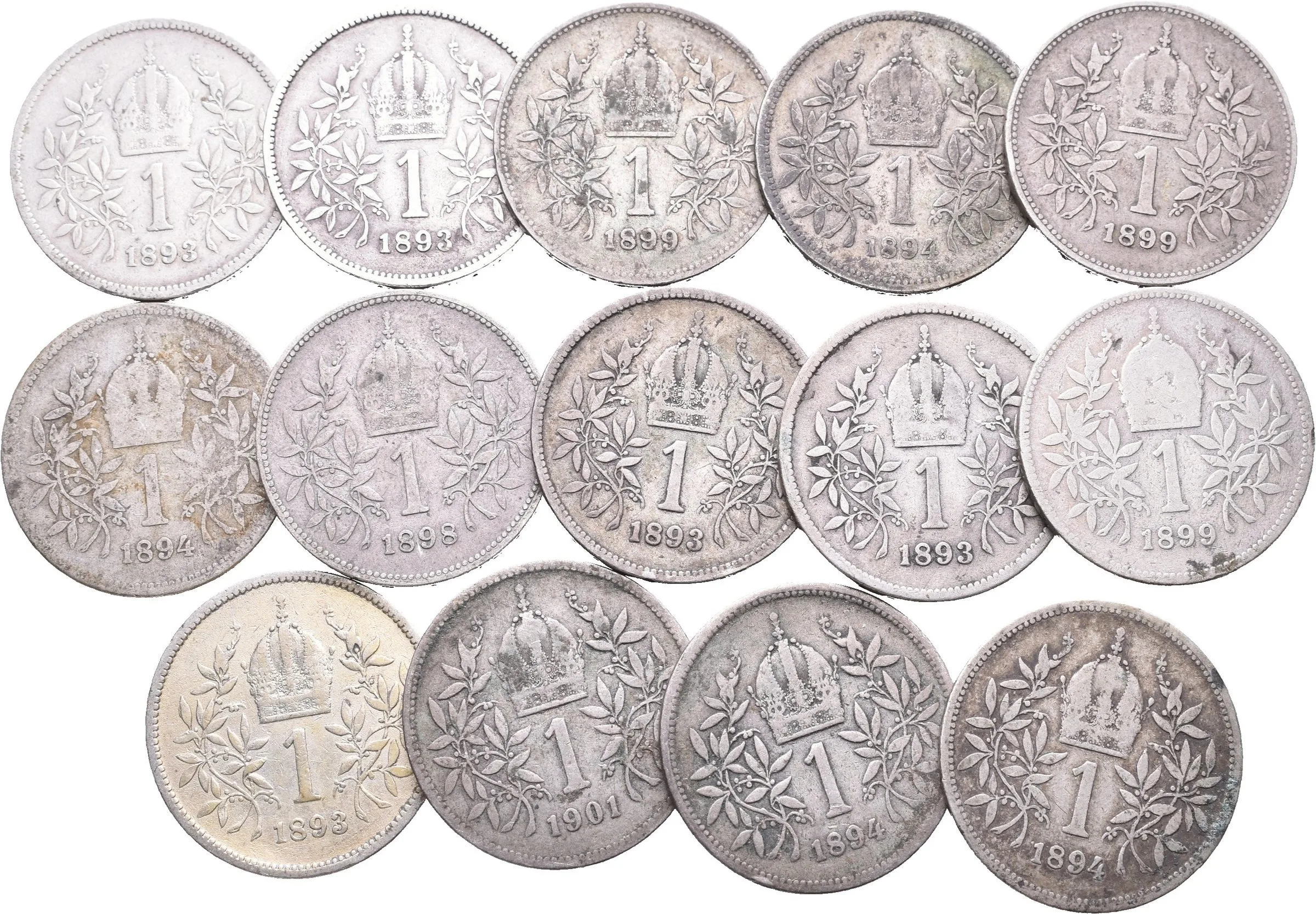 Soubor 1 Korunových mincí běžných ročníků 1893 - 1899, — 1