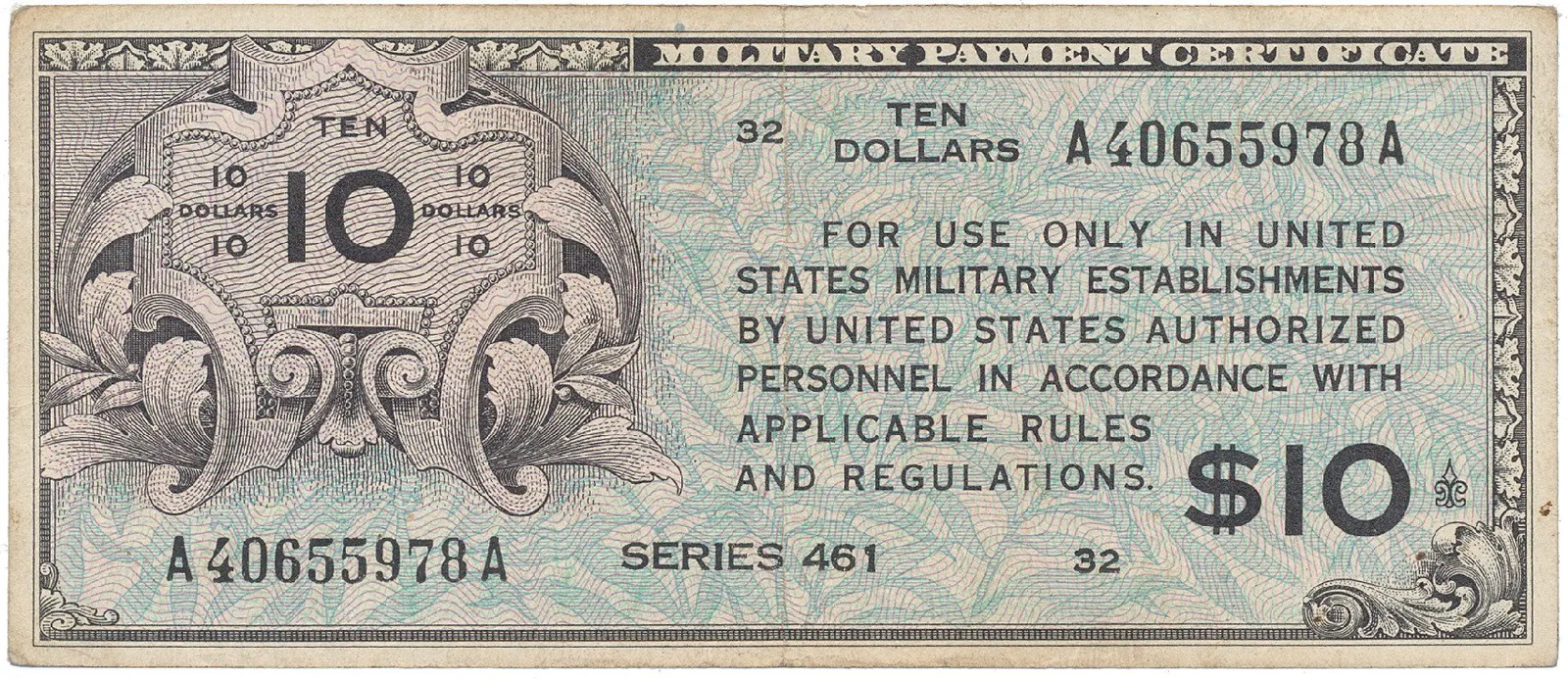 USA, vojenské vydání MPC, 10 Dollars (1946), P.M7