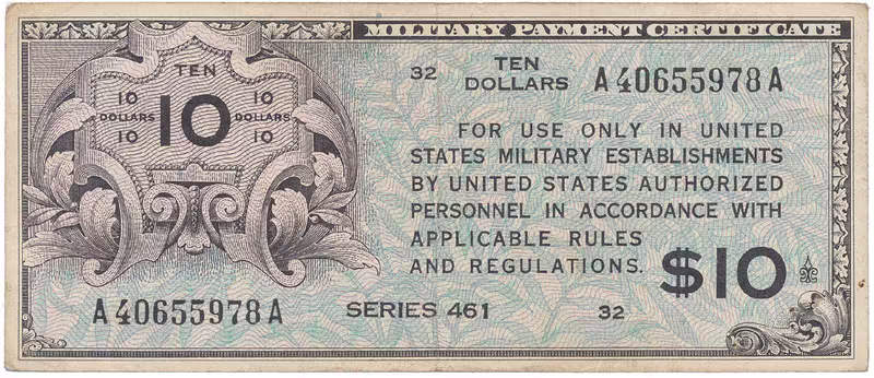 USA, vojenské vydání MPC, 10 Dollars (1946), P.M7