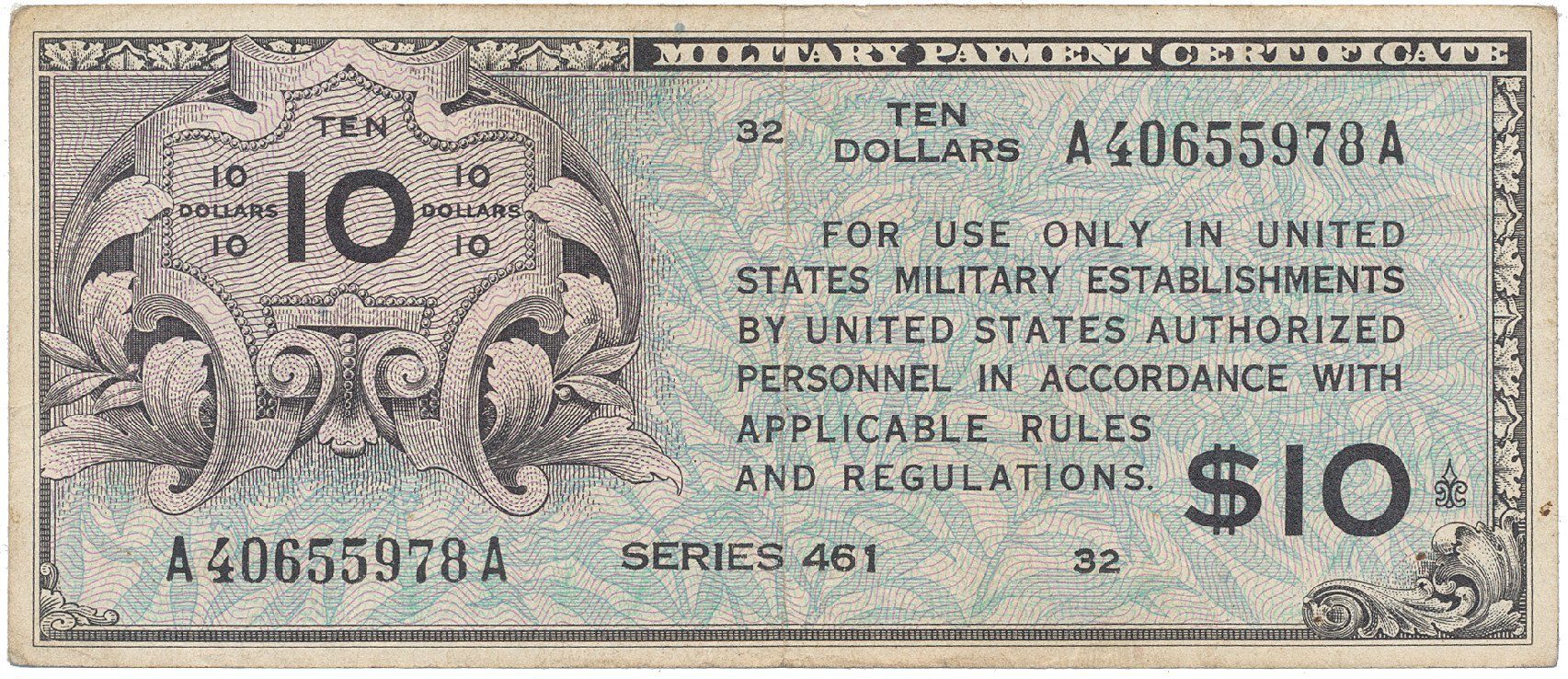 USA, vojenské vydání MPC, 10 Dollars (1946), P.M7