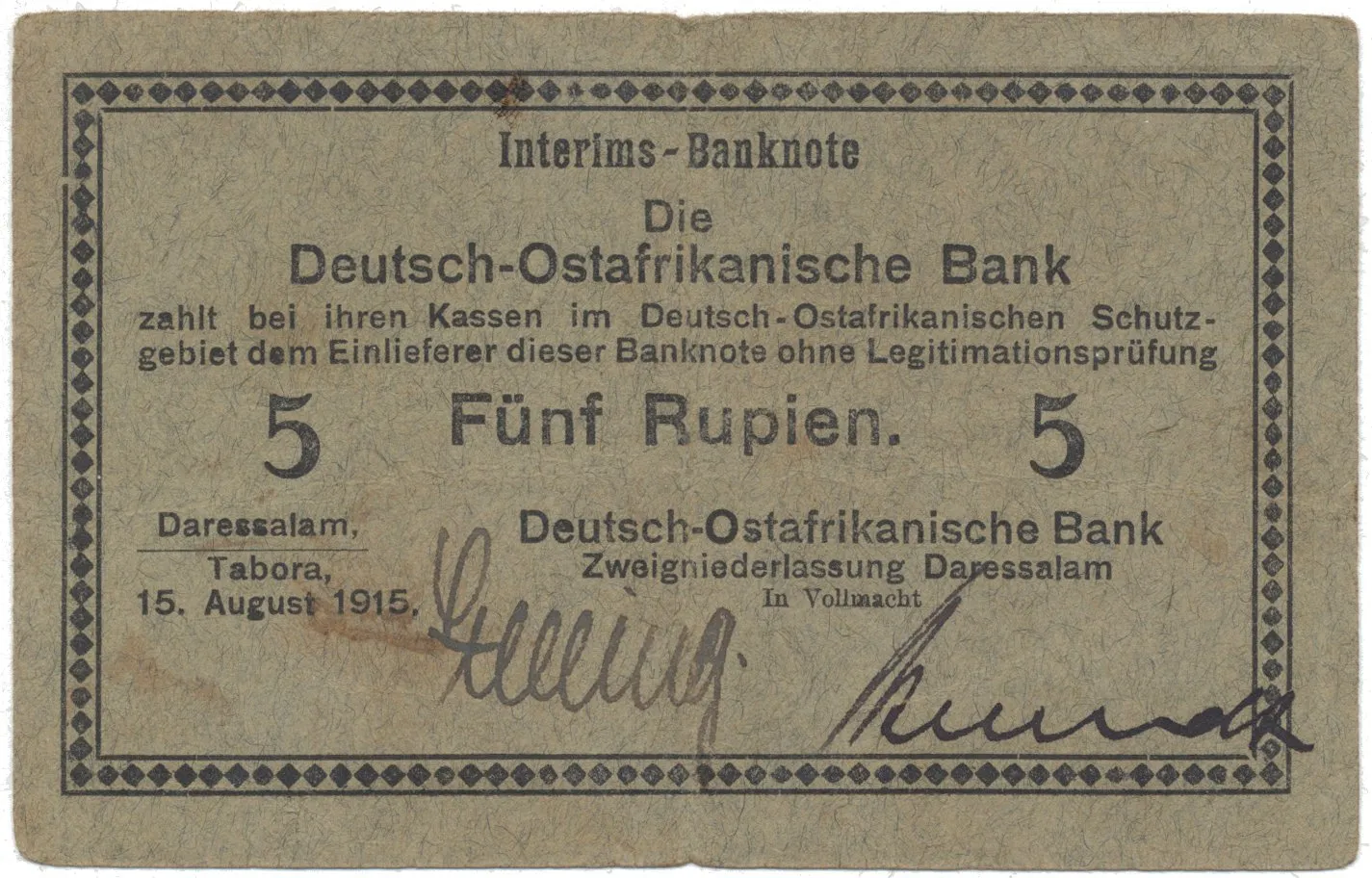 Německá Východní Afrika, 5 Rupien 15. 8. 1915, série B, R.910g