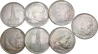 Soubor mincí - 5 Marka 1934 A, 1935 A - kostel, 1936 A, J - bez svastiky — 2