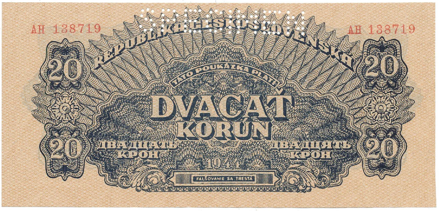 Československo, 20 Koruna 1944, číslovač 19 mm, perf. 1x SPECIMEN nahoře, Hej.58a.S1