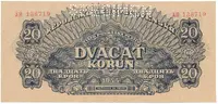 Československo, 20 Koruna 1944, číslovač 19 mm, perf. 1x SPECIMEN nahoře, Hej.58a.S1