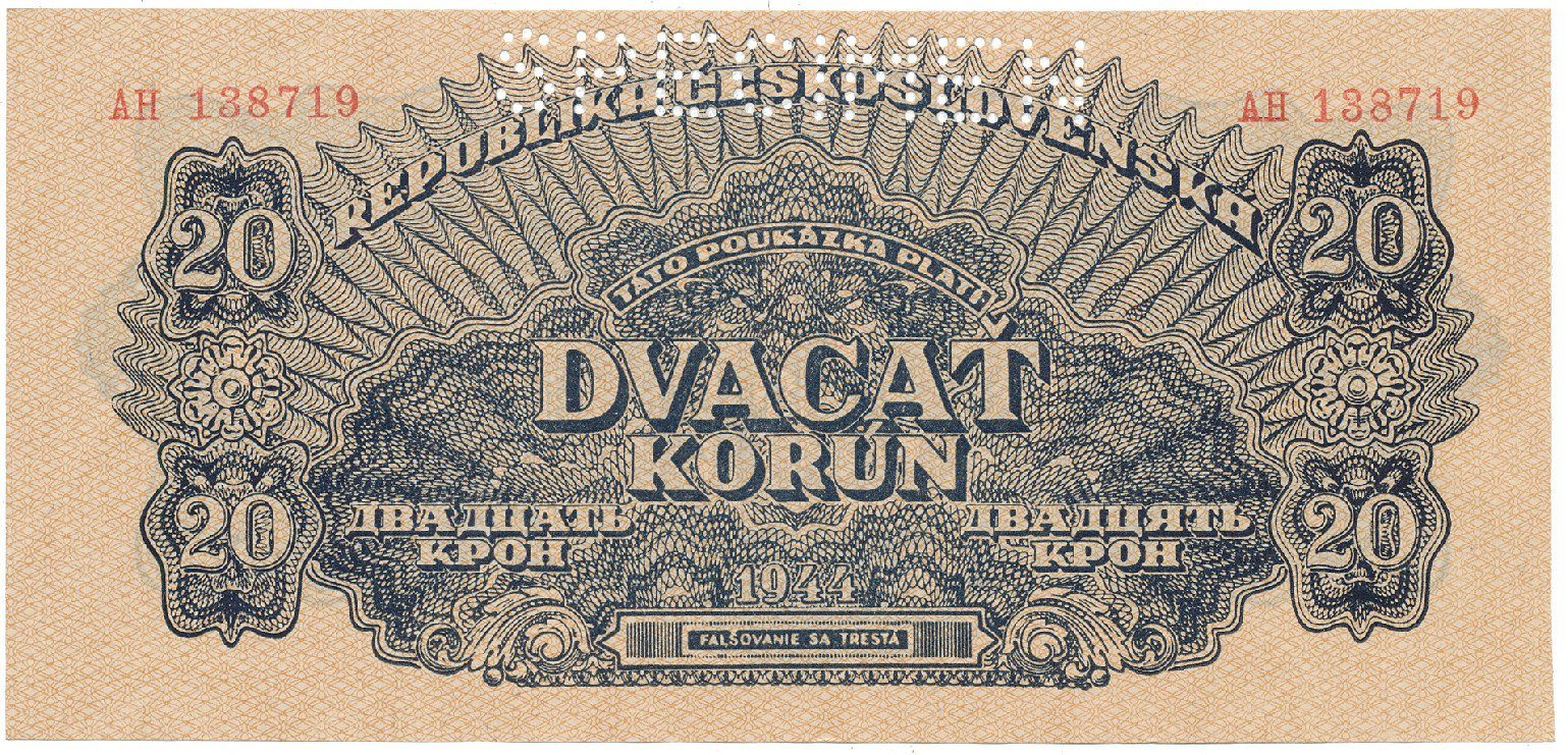 Československo, 20 Koruna 1944, číslovač 19 mm, perf. 1x SPECIMEN nahoře, Hej.58a.S1