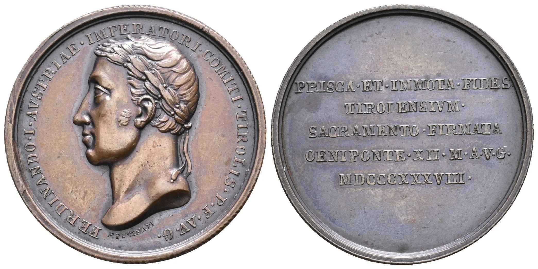 AE Medaile 1838 (I. D. Boehm) - K holdování 13. 8. 1838 v Innsbrucku. Hlava zprava, opis — 1